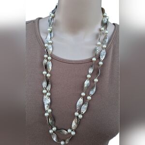 Vintage Silver Filigree Leaf & Pearl Opera Length Necklace - Long Layering Boho